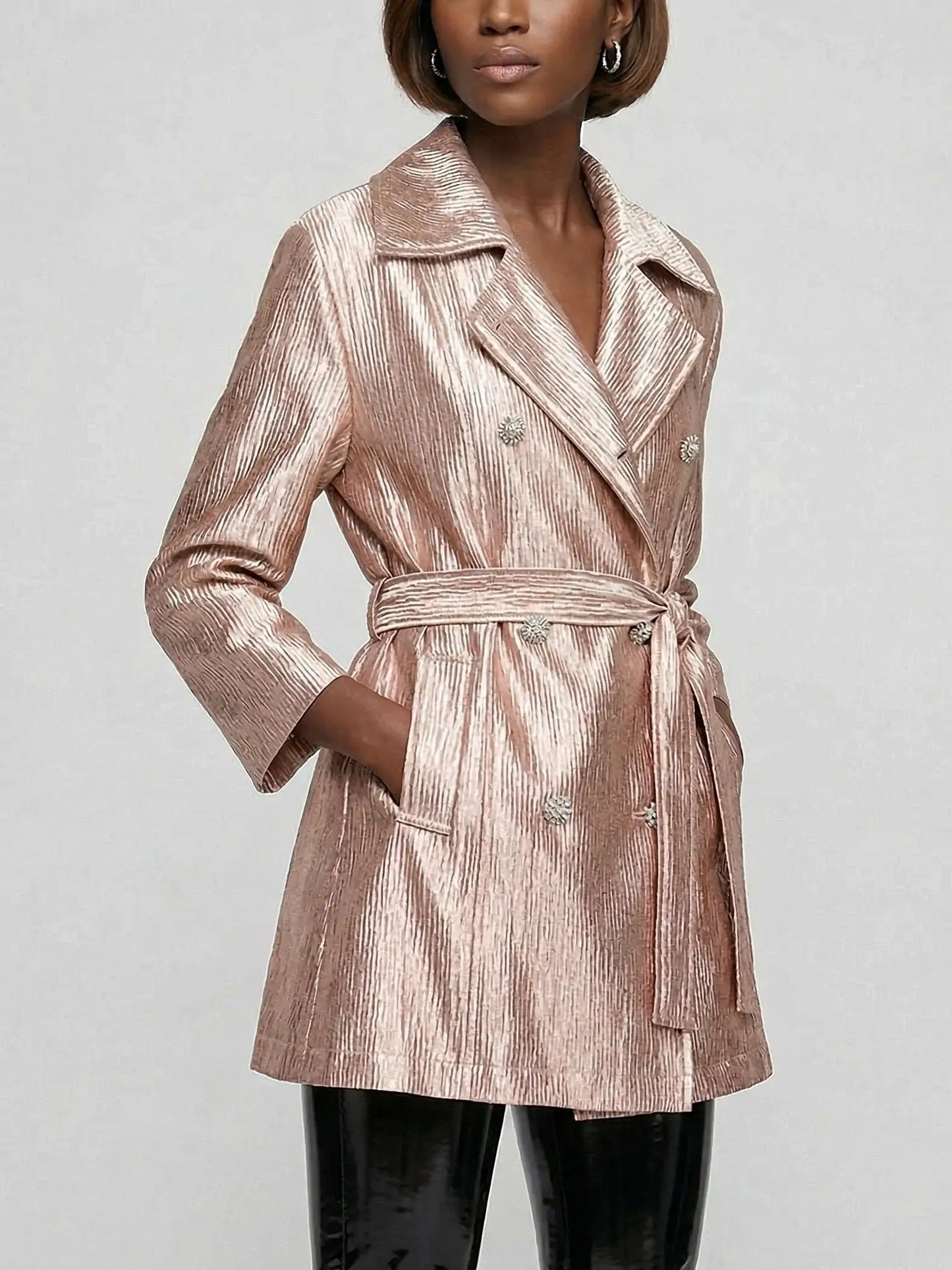 Blush Pink Metallic Satin Belted Trench Jacket - Jackets