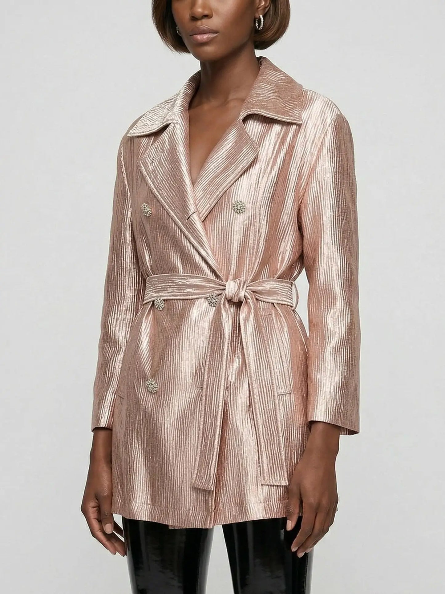 Blush Pink Metallic Satin Belted Trench Jacket - Jackets