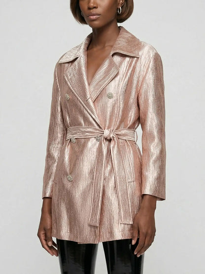 Blush Pink Metallic Satin Belted Trench Jacket - Jackets
