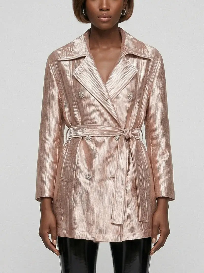 Blush Pink Metallic Satin Belted Trench Jacket - Jackets