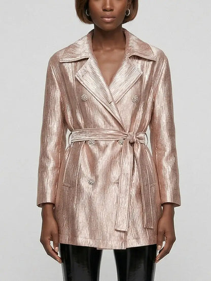 Blush Pink Metallic Satin Belted Trench Jacket - Jackets