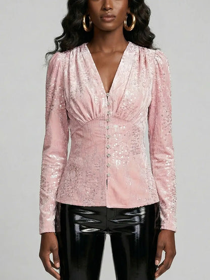 Blush Pink Sequin Velvet V-Neck Blouse - Tops