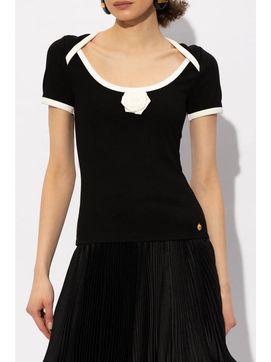 Boat-Neck Short-Sleeved Top with Rose Detail - Branna Couture