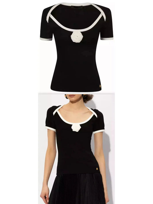 Boat-Neck Short-Sleeved Top with Rose Detail - Branna Couture