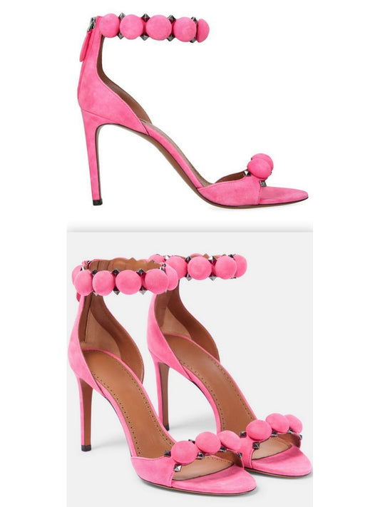 Bobble High-Heel Sandals in Pink Suede - Branna Couture