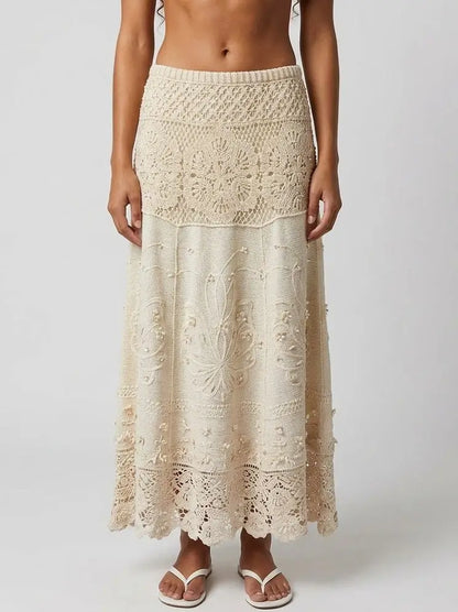 Bohemian Crochet Lace Embroidered Maxi Skirt - S / Cream - Skirts