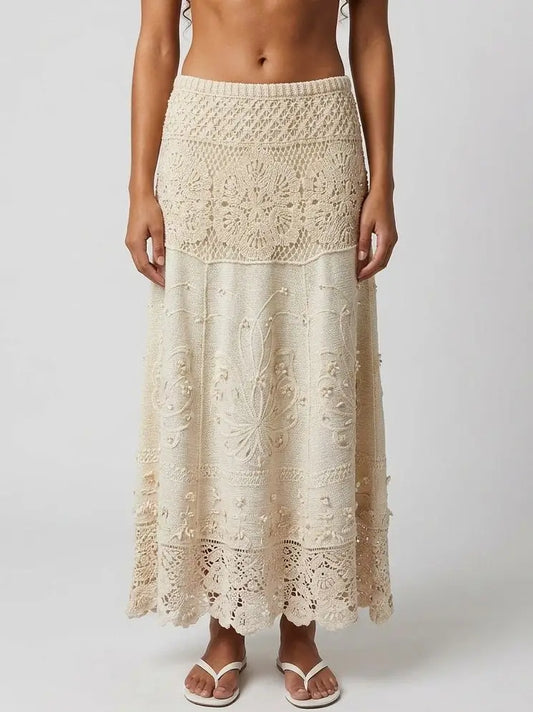 Bohemian Crochet Lace Embroidered Maxi Skirt - S / Cream - Skirts