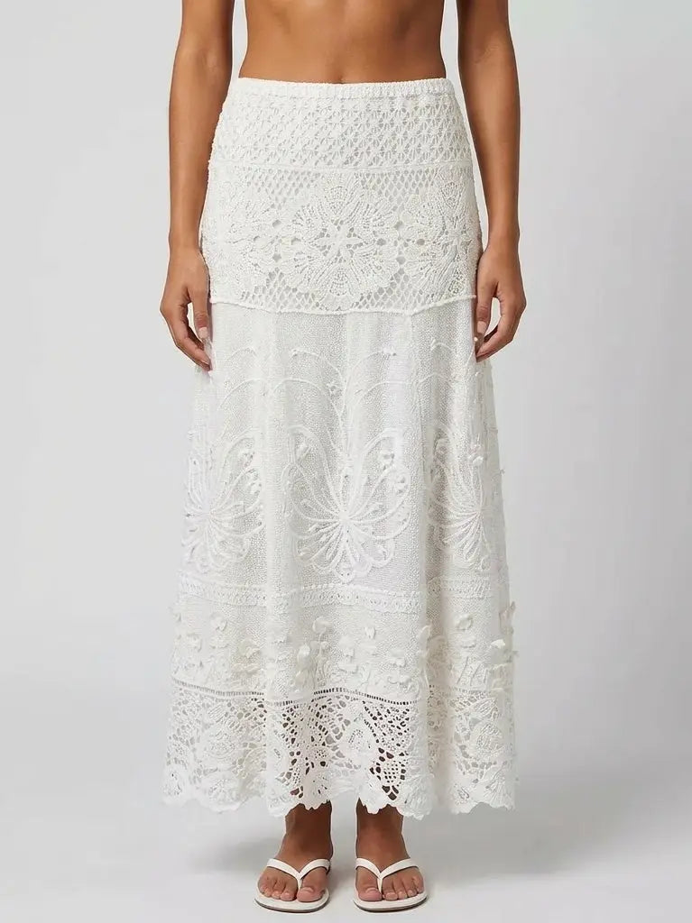 Bohemian Crochet Lace Embroidered Maxi Skirt - S / White - Skirts