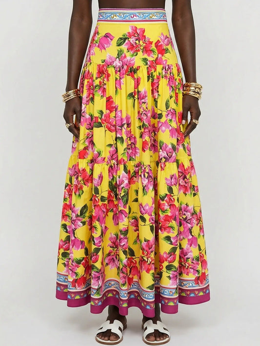 Bold Multicolor Floral Cotton Maxi Skirt - S - Skirts