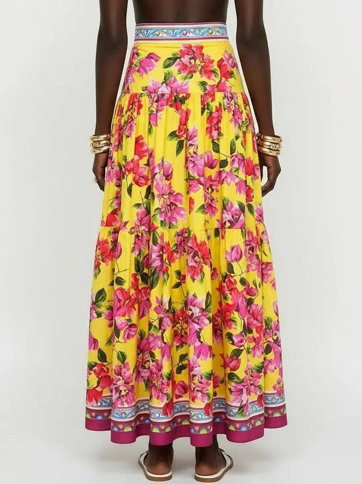 Bold Multicolor Floral Cotton Maxi Skirt - Skirts
