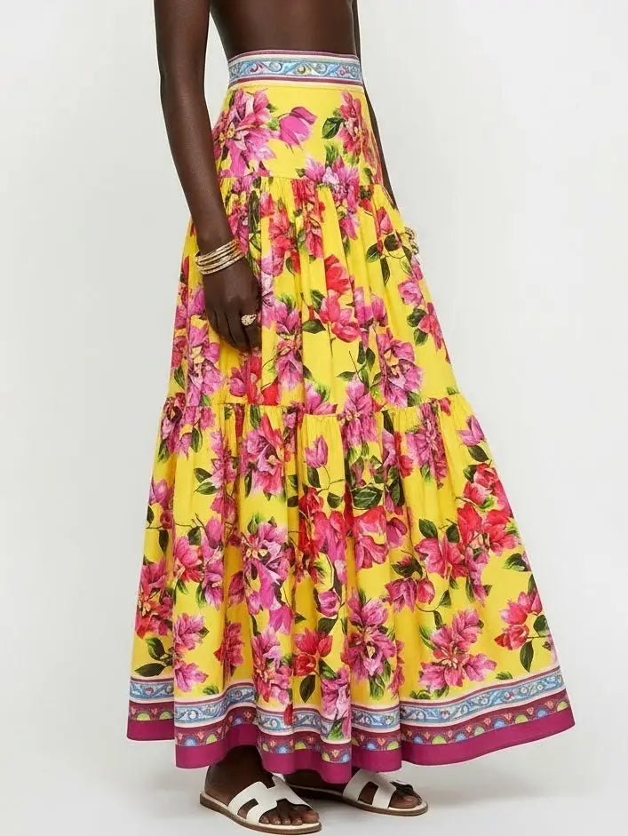 Bold Multicolor Floral Cotton Maxi Skirt - Skirts