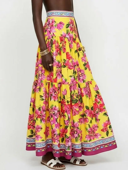 Bold Multicolor Floral Cotton Maxi Skirt - Skirts