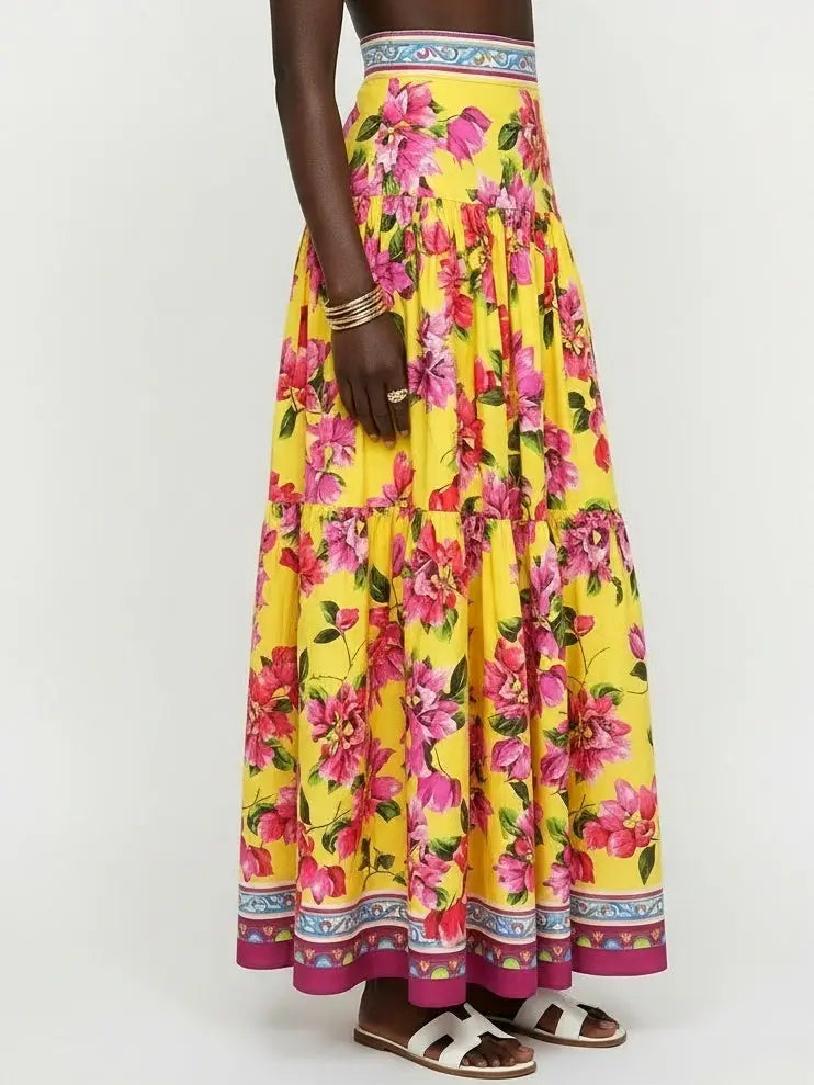 Bold Multicolor Floral Cotton Maxi Skirt - Skirts