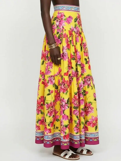 Bold Multicolor Floral Cotton Maxi Skirt - Skirts