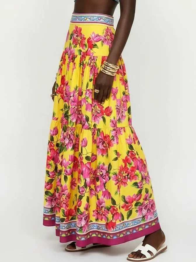 Bold Multicolor Floral Cotton Maxi Skirt - Skirts
