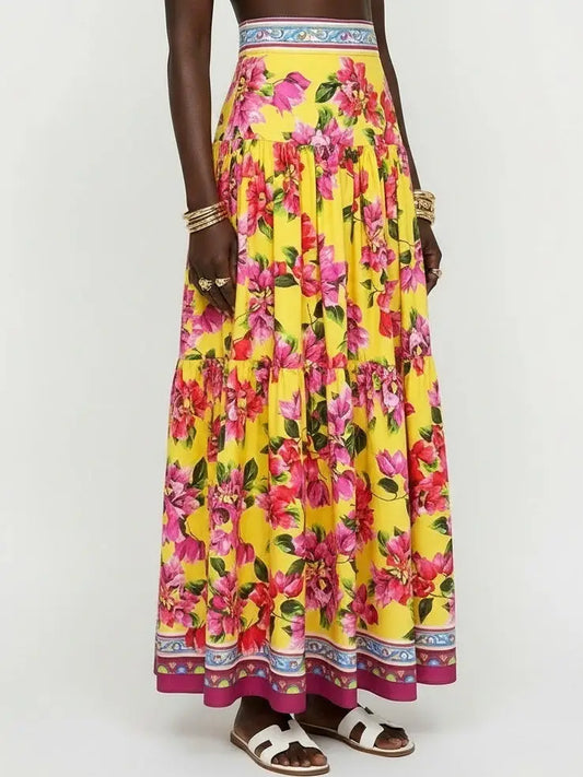 Bold Multicolor Floral Cotton Maxi Skirt - Skirts