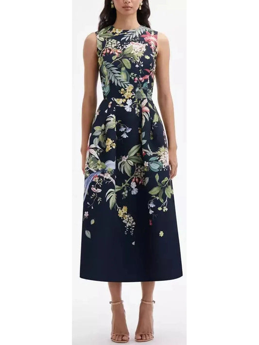 Botanical Garden Printed Sleeveless Midi Dress in Black and Multicolor - Branna Couture