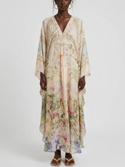 Botanical Butterfly Print Silk V-Neck Kaftan Maxi Dress - S - Dresses