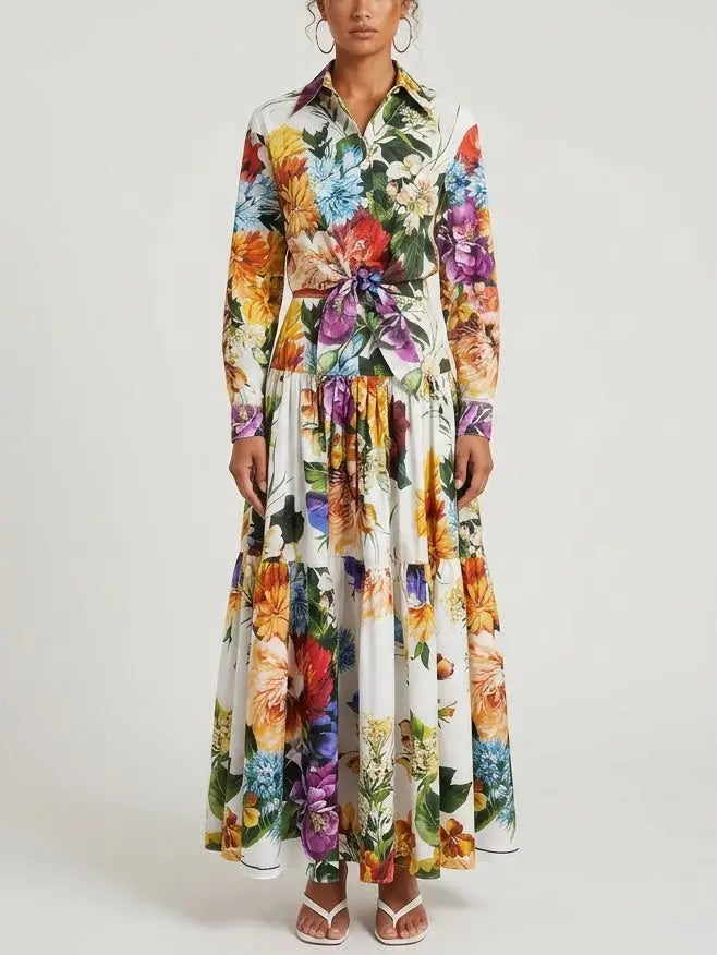 Botanical Floral Tie-Waist Shirt and Maxi Skirt Set - S - Suits & Sets