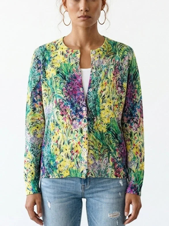 Botanical Garden Print Wool Cardigan in Multicolor - Small - Sweaters & Knitwear