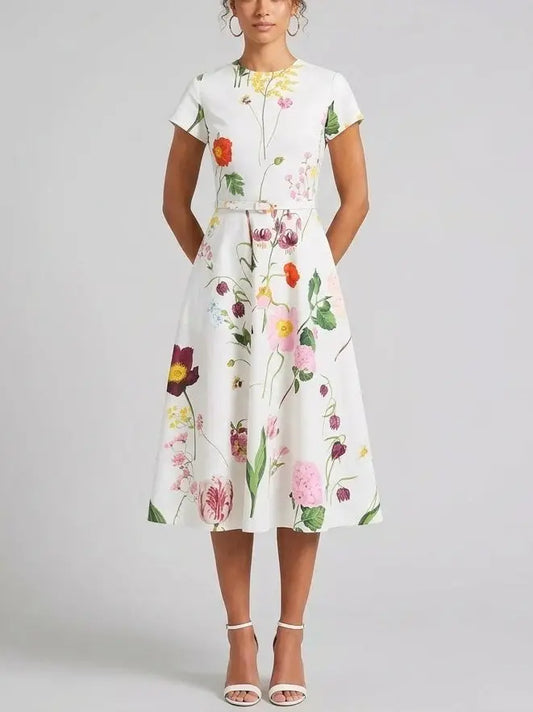 Botanical Print Belted Cotton Midi Dress - S - Dresses