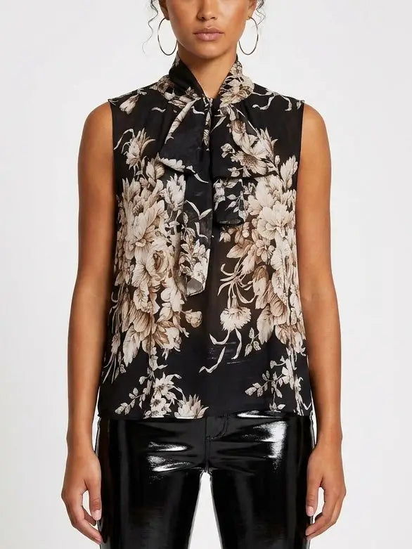 Botanical Tie-Neck Black Sleeveless Silk Blouse - S - Tops