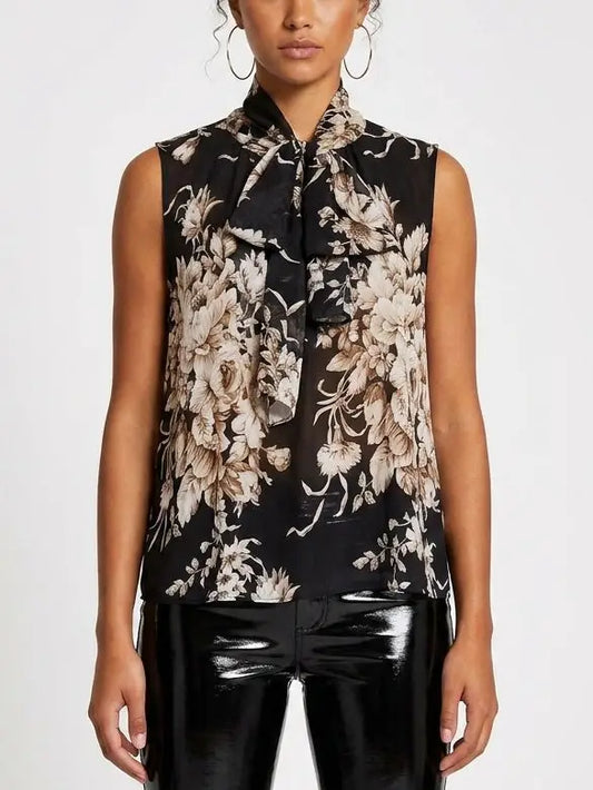 Botanical Tie-Neck Black Sleeveless Silk Blouse - S - Tops