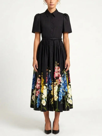 Botanical Wildflower Belted Cotton Shirt Midi Dress - S - Dresses