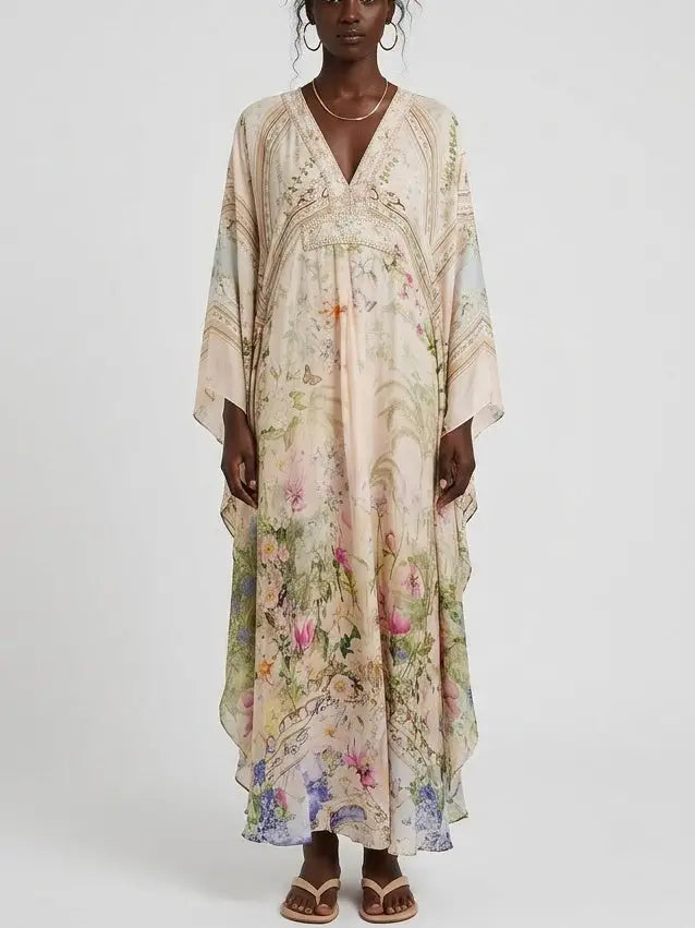 Botanical Butterfly Print Silk V-Neck Kaftan Maxi Dress - Dresses