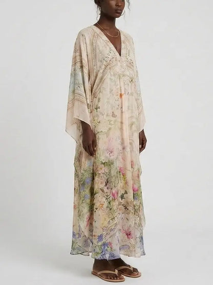 Botanical Butterfly Print Silk V-Neck Kaftan Maxi Dress - Dresses