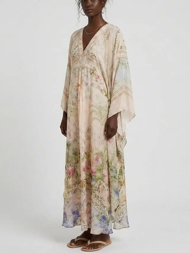 Botanical Butterfly Print Silk V-Neck Kaftan Maxi Dress - Dresses