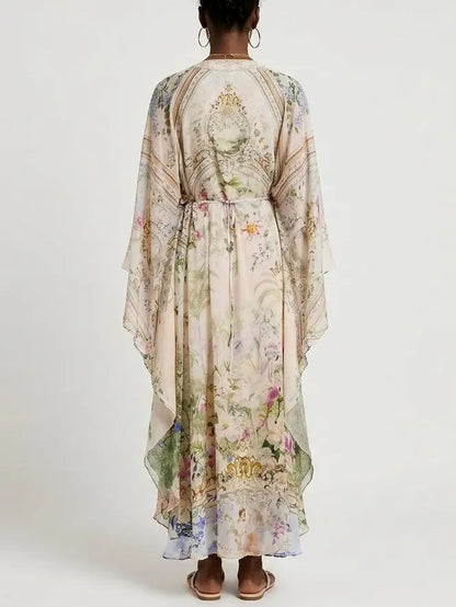 Botanical Butterfly Print Silk V-Neck Kaftan Maxi Dress - Dresses