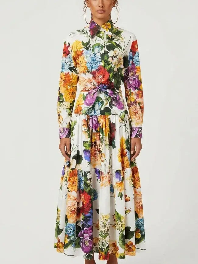 Botanical Floral Tie-Waist Shirt and Maxi Skirt Set - Suits & Sets