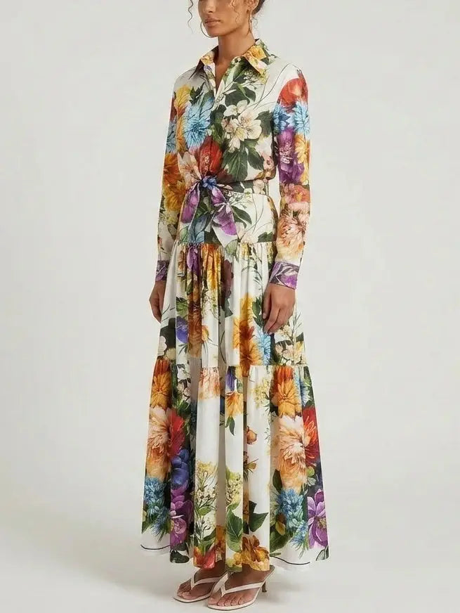Botanical Floral Tie-Waist Shirt and Maxi Skirt Set - Suits & Sets
