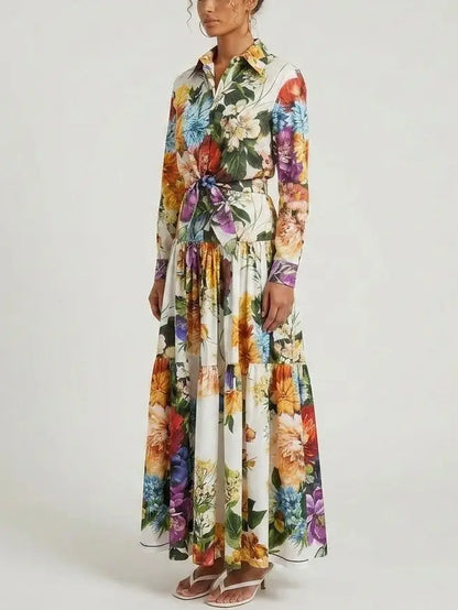 Botanical Floral Tie-Waist Shirt and Maxi Skirt Set - Suits & Sets