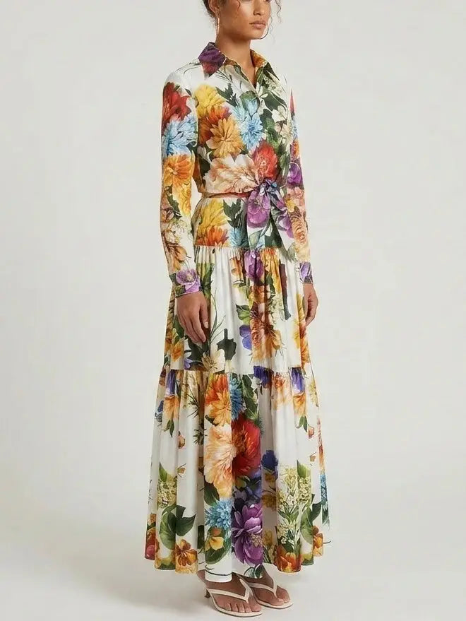 Botanical Floral Tie-Waist Shirt and Maxi Skirt Set - Suits & Sets