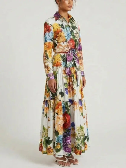 Botanical Floral Tie-Waist Shirt and Maxi Skirt Set - Suits & Sets