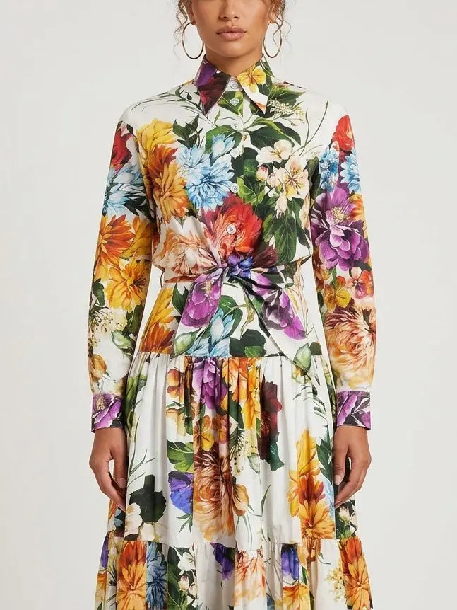 Botanical Floral Tie-Waist Shirt and Maxi Skirt Set - Suits & Sets