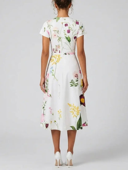 Botanical Print Belted Cotton Midi Dress - Dresses