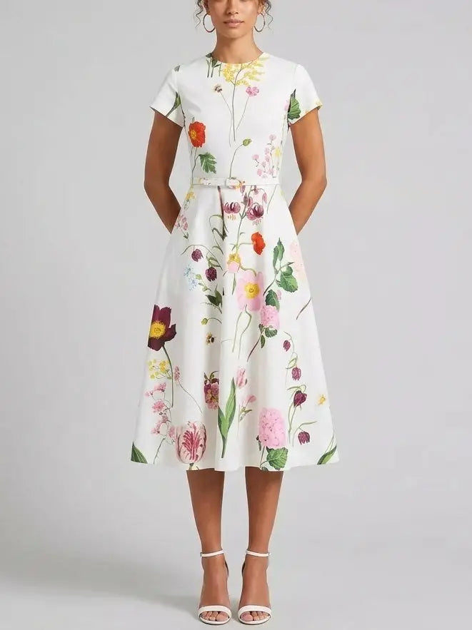 Botanical Print Belted Cotton Midi Dress - Dresses