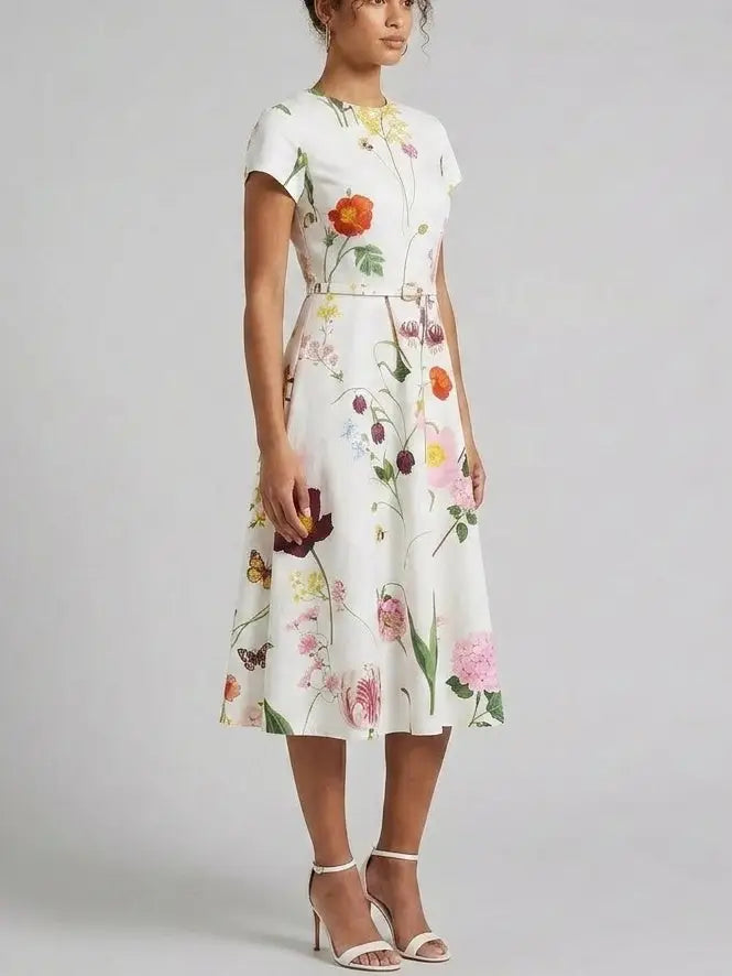 Botanical Print Belted Cotton Midi Dress - Dresses