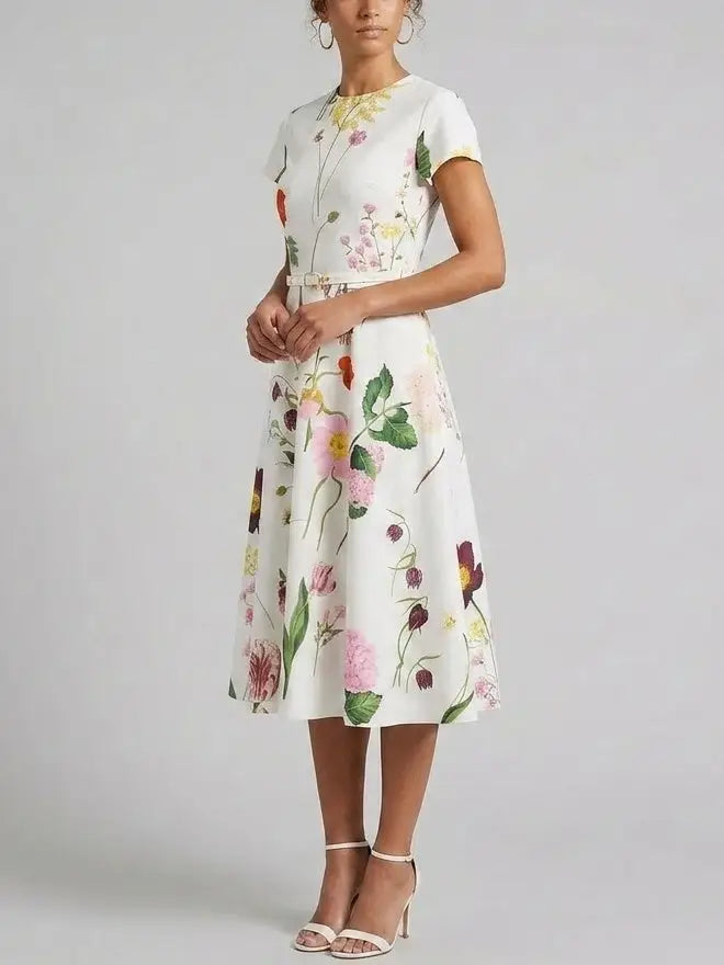 Botanical Print Belted Cotton Midi Dress - Dresses