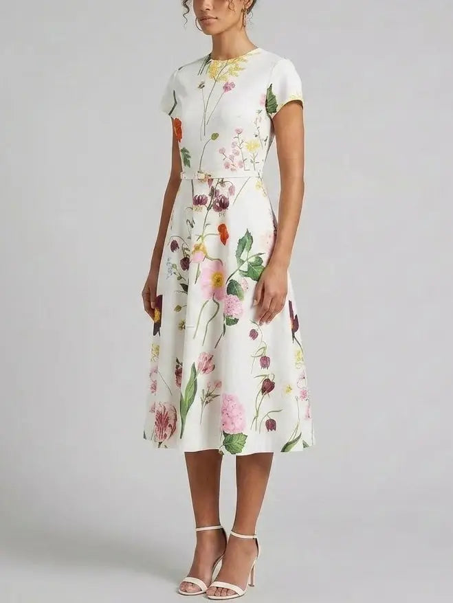 Botanical Print Belted Cotton Midi Dress - Dresses