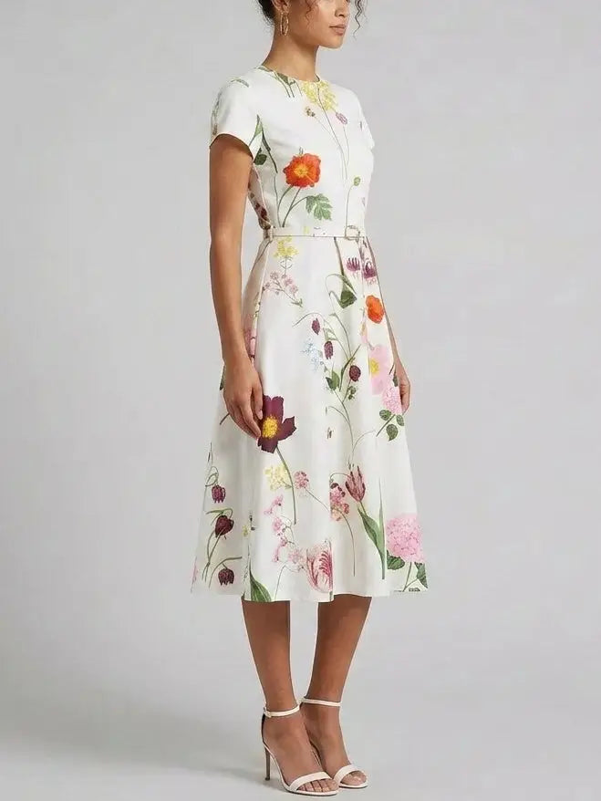 Botanical Print Belted Cotton Midi Dress - Dresses