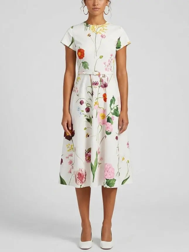 Botanical Print Belted Cotton Midi Dress - Dresses