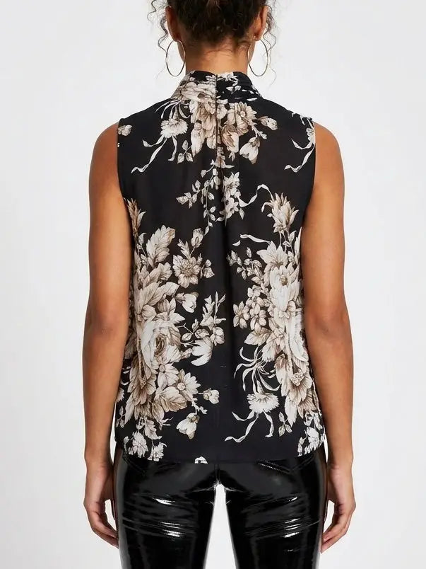 Botanical Tie-Neck Black Sleeveless Silk Blouse - Tops