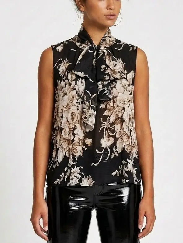 Botanical Tie-Neck Black Sleeveless Silk Blouse - Tops