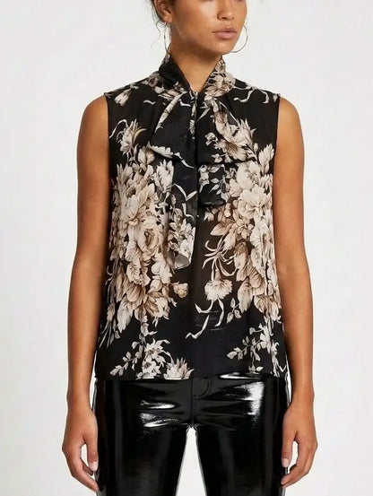Botanical Tie-Neck Black Sleeveless Silk Blouse - Tops