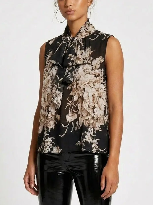 Botanical Tie-Neck Black Sleeveless Silk Blouse - Tops