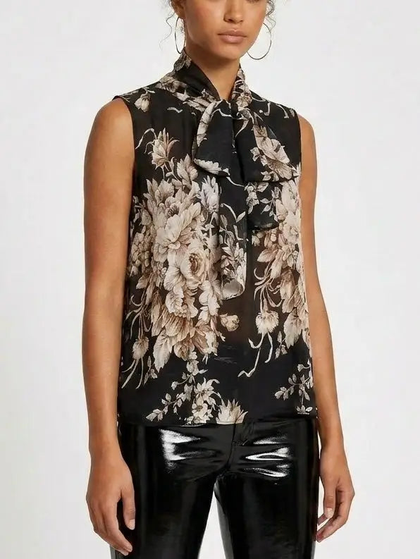 Botanical Tie-Neck Black Sleeveless Silk Blouse - Tops